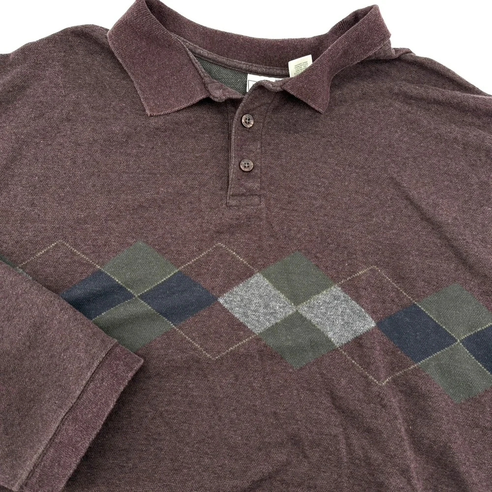 LL Bean Argyle‎ Sweater Mens XL Heather Maroon Made In USA Pullover Polo Casual